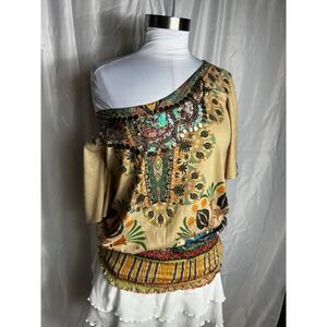 B.L.E.U. Boho Tribal Medallion Embellished Sequin Smocked Blouse Tan Small
